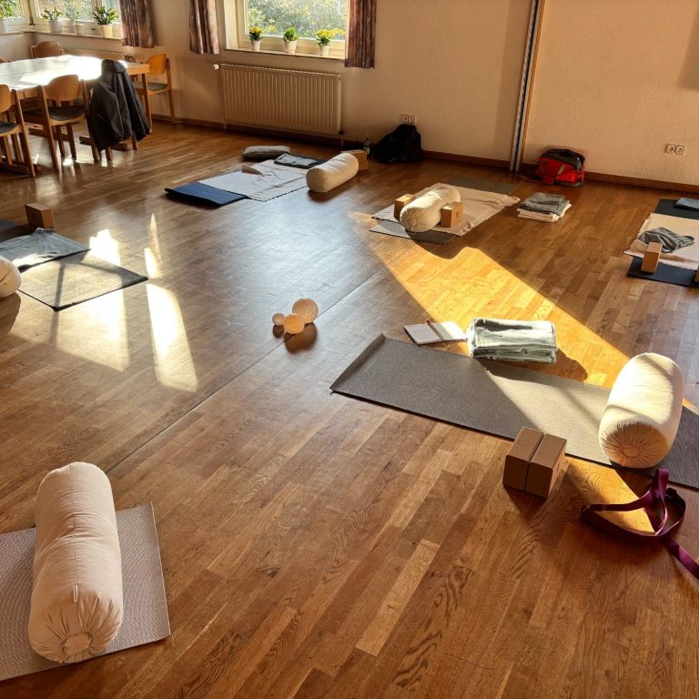 Yoga-Raum mit Yogamatten, Kissen und Blöcken auf einem Holzfußboden.